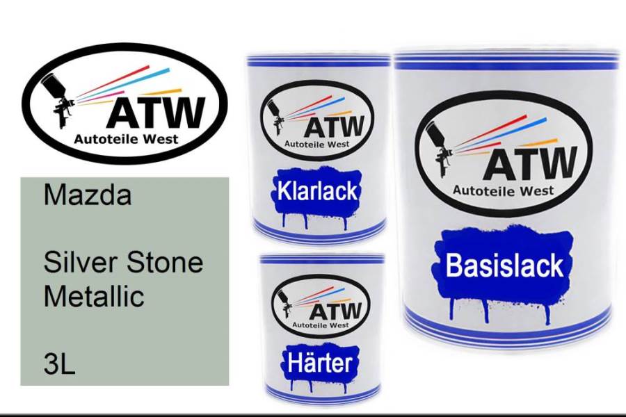 Mazda, Silver Stone Metallic, 3L: 1L Lackdose + 1L Klarlack + 500ml Härter - Set, von ATW Autoteile West.